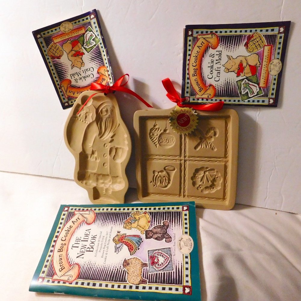 Vintage Brown Bag Art Ceramic Holiday Molds St. Nick Santa and Cut Apart Cookies